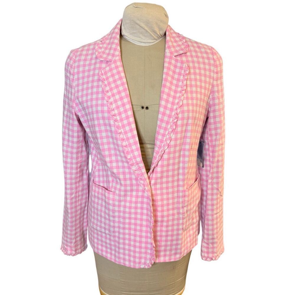NWT Crown & Ivy Linen Blend Gingham Blazer Ruffle Detail Sz. 10 Pink & White Pre